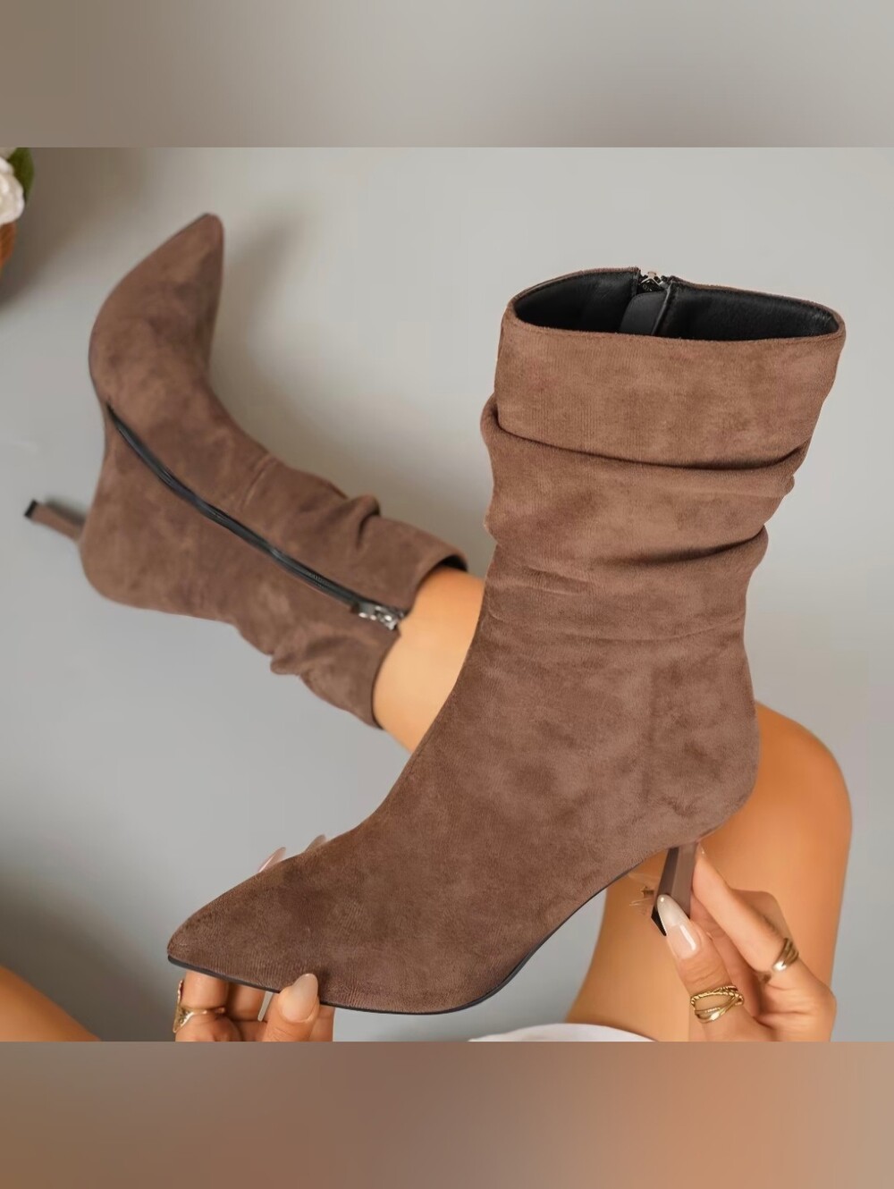 Women's Slim High-heeled Mid Heeled Boots with Pointed Edges and Delicate